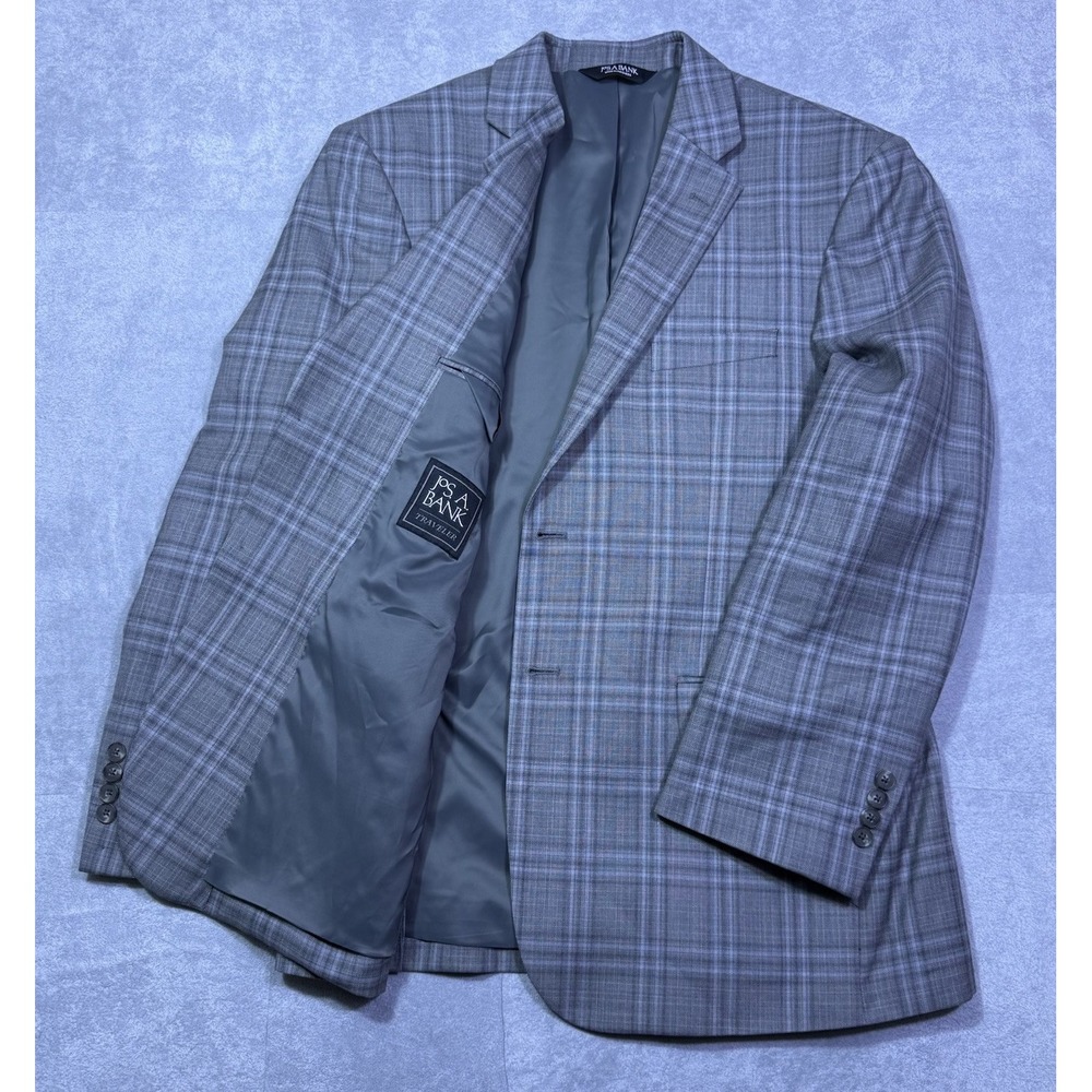 Jos A Bank Blazer Mens 44R Gray Traveler Plaid Wool Sport Coat Tailored Fit